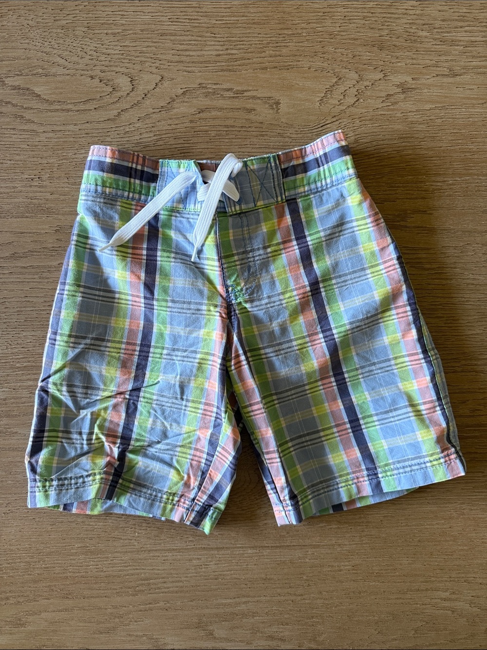 Janie and Jack Boys Sz 5 Plaid Swim Trunks - Light Blue, Green, Orange